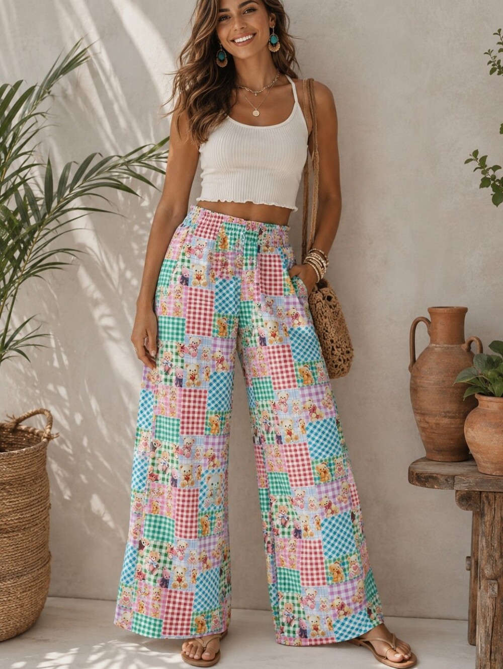 SHEIN CURVE KAWAII PATCHWORK BEAR PALAZZO PANTS SZ 1X 2X
